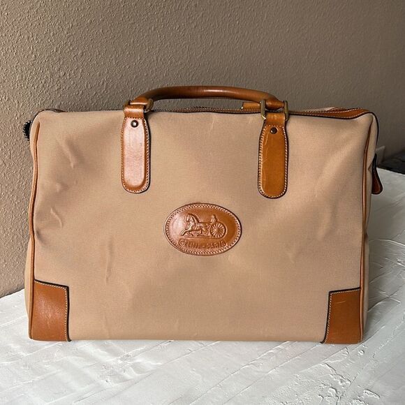 Authentic Vintage CELINE Boston Bag Nylon Handbag Leather Beige Brown - Picture 1 of 14